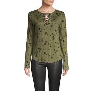 Generation Love Valentina Long Sleeve‎ Lace Up Tee Star Print Green Extra Small